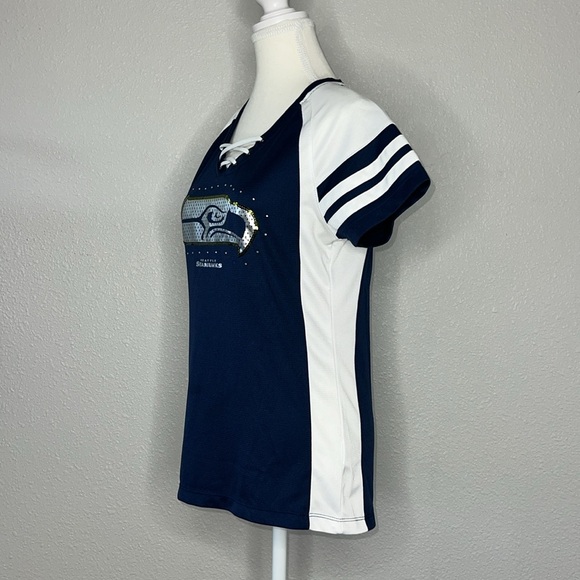 Seattle Seahawks Majestic Women's Lace Up Jersey W/ Sequins & Crystals - Picture 4 of 7